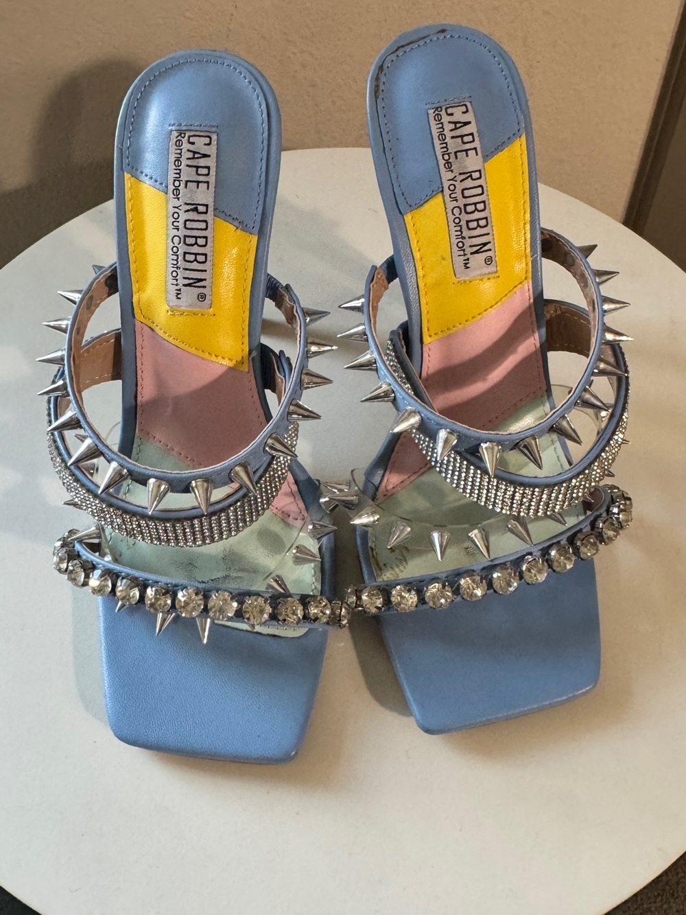 Cape Robbin Light Blue Spike & Rhinestone Mule Sandals